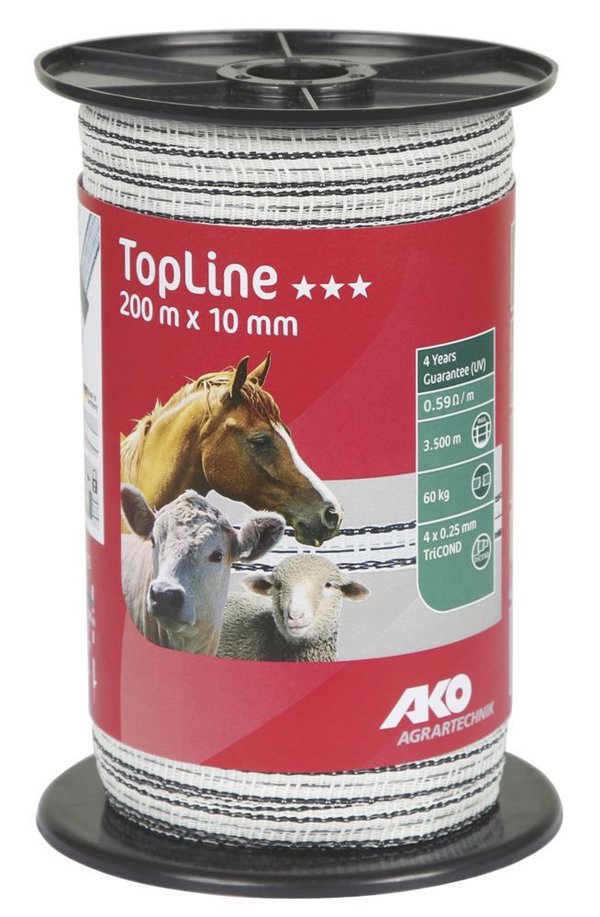 TopLine Weidezaunband 200m x 10 mm - 4 Jahre UV stabil - für bis zu 3500m lange Zäune
