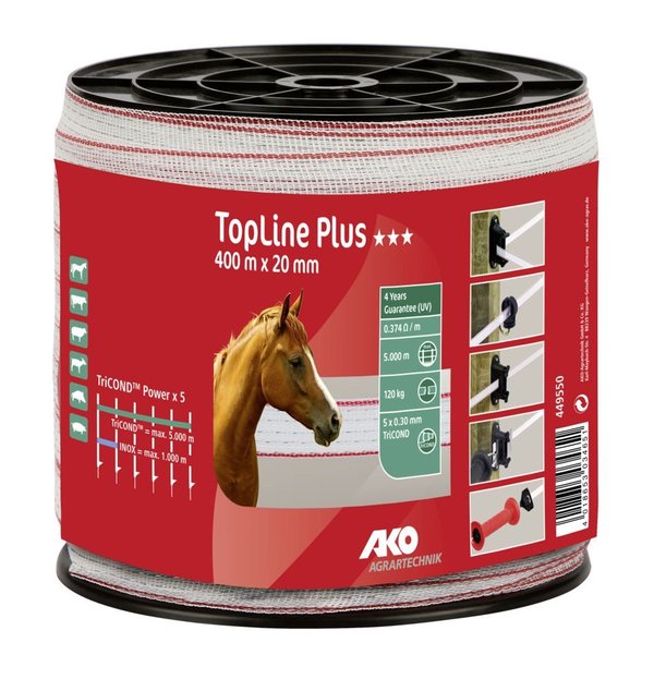 TopLine Plus Weidezaunband 400m x 20 mm - 4 Jahre UV stabil - für bis zu 5000m lange Zäune
